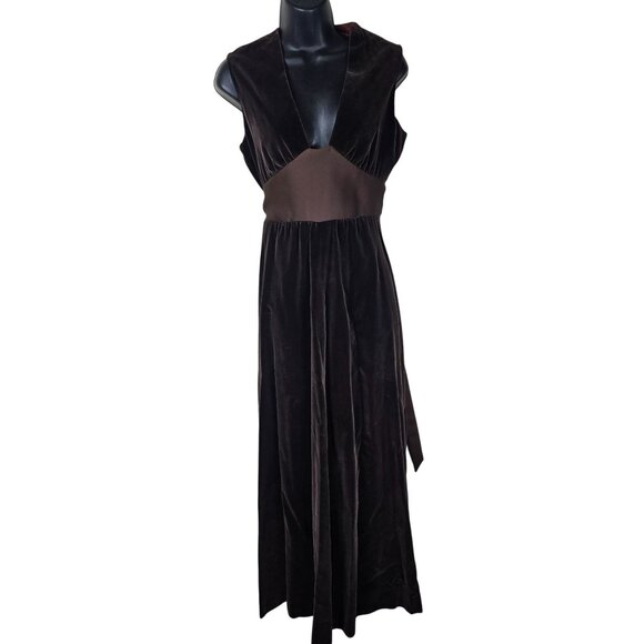 Vintage Brown Velvet Babydoll Maxi Dress 8 Plunge U-Neck Sash Tie Hand Sewn - Picture 2 of 9